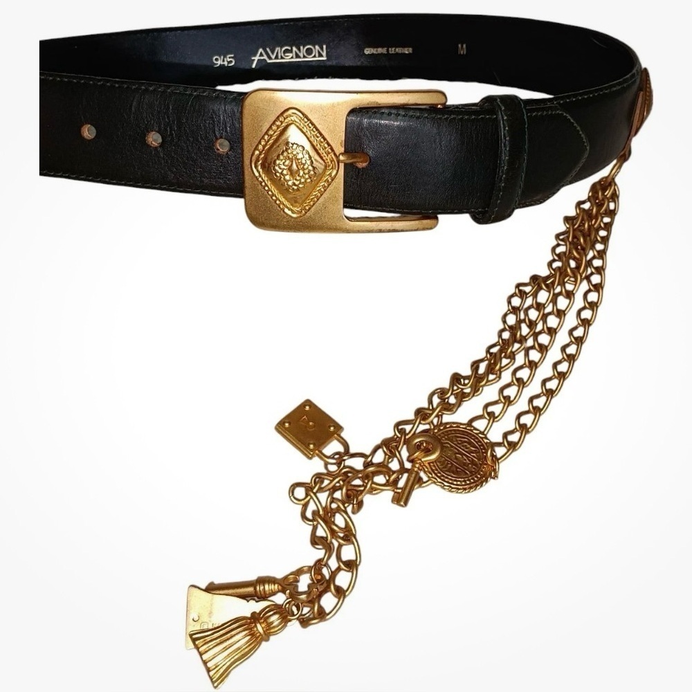 Escada Women’s Collaboration With Avignon Black Leather Belt Gilded Gold Charms